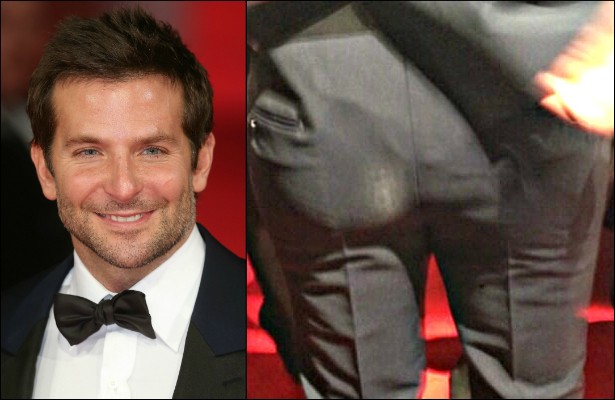 E quem disse que só mulheres passam por constrangimentos com roupas reveladoras? O ator Bradley Cooper ficou com um bocado do traseiro (e da cueca) à mostra sob a calça que usou num evento em fevereiro. (Foto: Getty Images e Twitter)