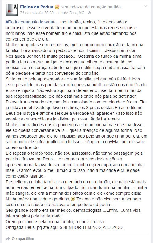 Elaine de Pádua faz desabafo em seu perfil no Facebook (Foto: Facebook / Reprodução)