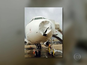 Avião sofreu danos após tempestade de granizo (Foto: Mariucha Machado/G1)