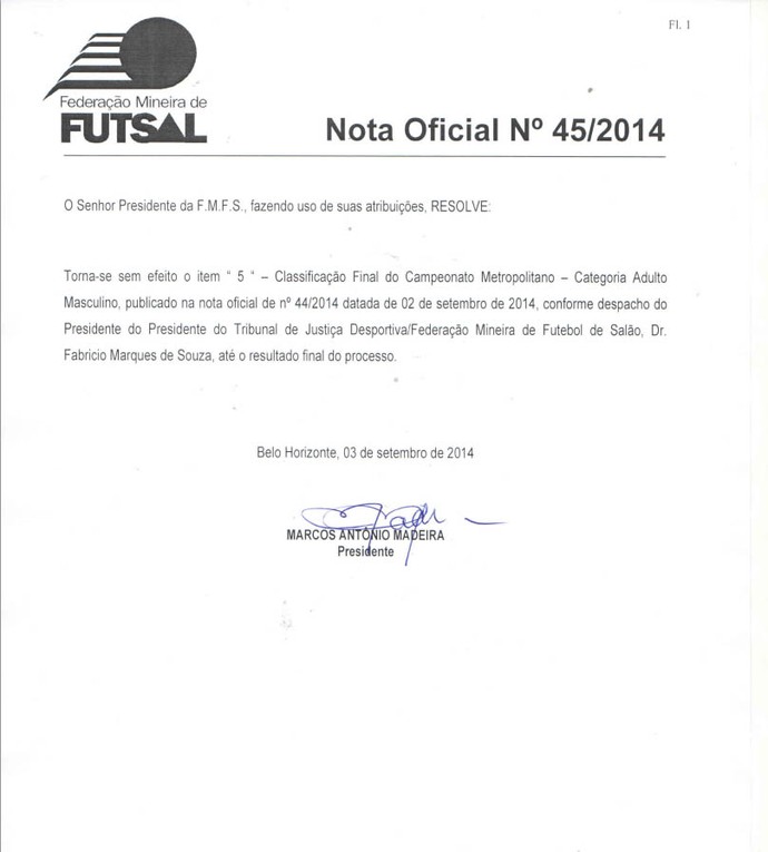 Nota Oficial Federação Mineira de Futebol (Foto: Reprodução/FMFS)
