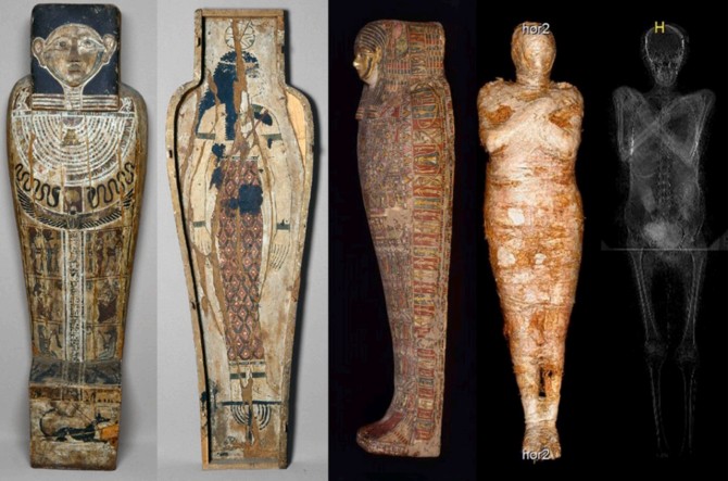 Cientistas realizaram radiografias de uma múmia do Egito Antigo (à direita) encontrada na cidade de Tebas. Na foto à esquerda está o sarcófago da múmia (Foto: Journal of archaeological science)