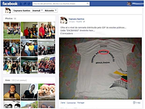 Página de irmã do estudante Maykon Santos, com a foto do uniforme escolar que traz a palavra ensino escrita com C (Foto: Facebook/Reprodução) (Foto: Facebook/Reprodução)