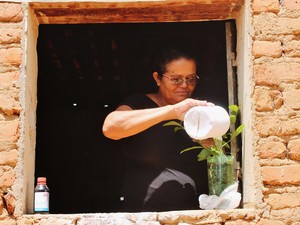 Maria Gercília consegue ter água para irrigar a plantação após o sistema de bioágua (Foto: Juliane Peixinho/ G1)