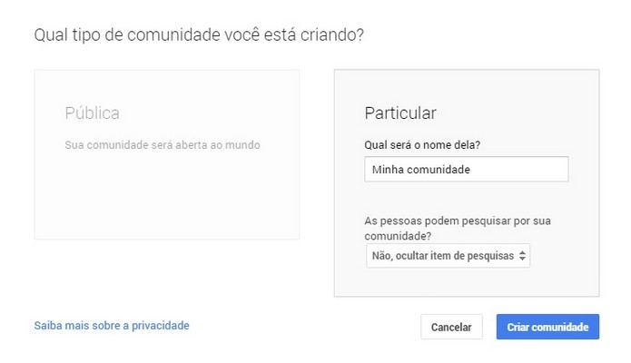 Janela para definição do tipo de comunidade (Foto: Reprodução/Raquel Freire)