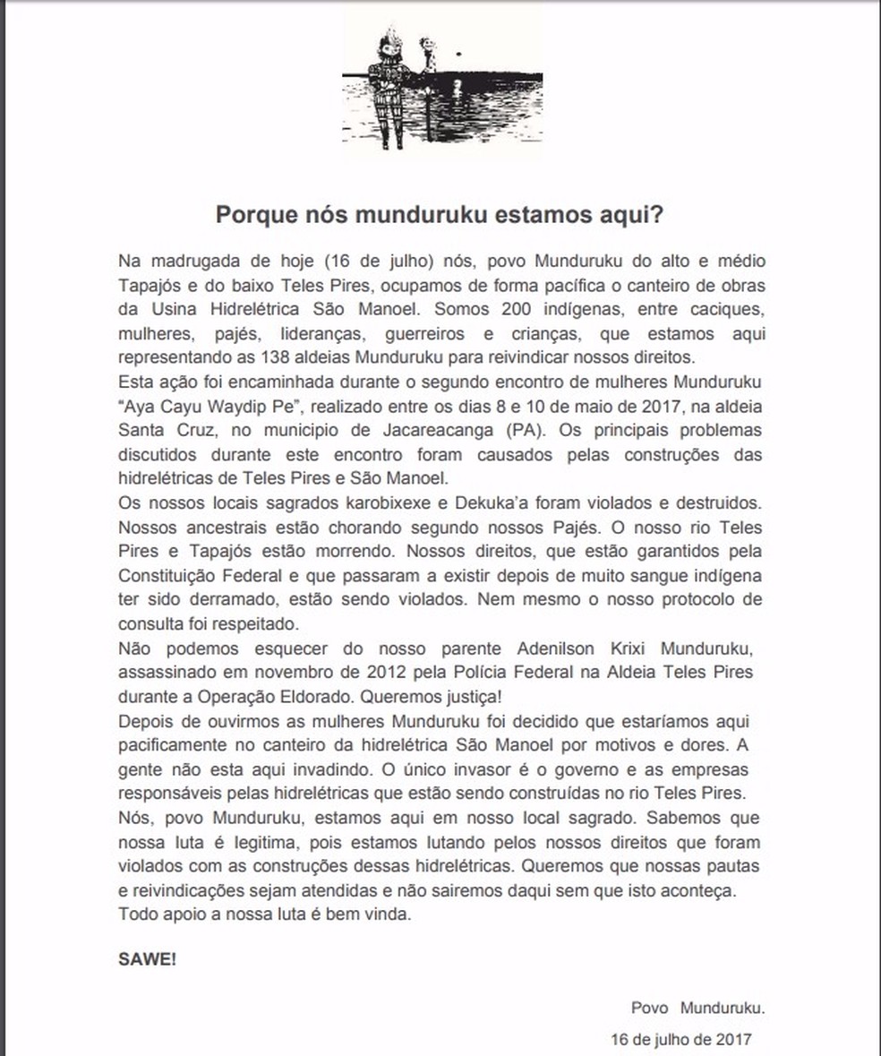 Carta aberta dos Munduruku explica o motivo da ocupação (Foto: Divulgação / CIMI)