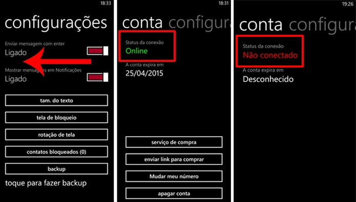 WhatsApp para Windows Phone exibe status de serviço ao deslizar tela de configurações do app (Foto: Reprodução/Elson de Souza)