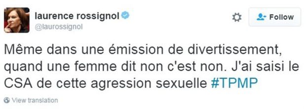 &#39;Mesmo em um programa de entretenimento, quando uma mulher diz não, é não&#39;, tuitou a ministra francesa dos Direitos da Mulher e da Criança, Laurence Rossignol (Foto: BBC/Reprodução/Le Monde)