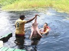 Eliéser mergulha com boto cor de rosa em Manaus