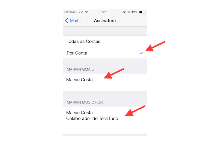 Configurando uma assinatura personalizada para cada conta de e-mail vinculada ao Mail do iOS (Foto: Reprodução/Marvin Costa)