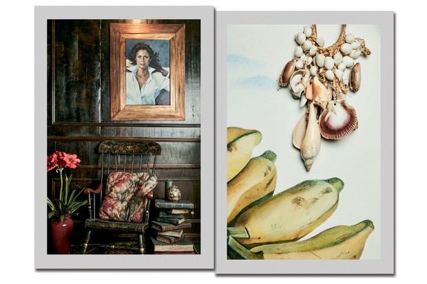 O cantinho onde costuma ler, com retrato pintado pelo amigo Roberto Santos, e, à direita, um dos muitos colares com conchas, sua obsessão fashion (Foto: Daniel Mattar)