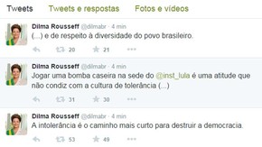 Mensagens da presidente Dilma Rousseff no Twitter sobre bomba arremessada contra a sede do Instituto Lula (Foto: Reprodução/Twitter)