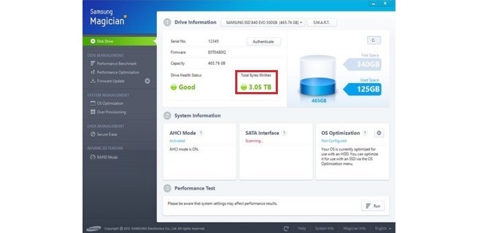 Interface do Samsung Magician, com destaque para terabytes gravados do SSD (Foto: Divulgação/ Samsung)