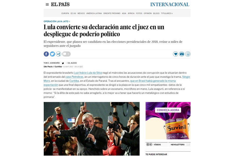 Matéria do 'El País' sobre depoimento de Lula a Sérgio Moro (Foto: Reprodução/El País)