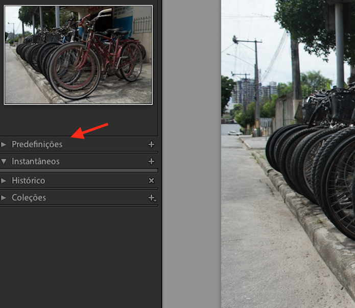 Acessando as predefinições do Photoshop Lightroom para adicionar um filtro em uma foto (Foto: Reprodução/Marvin Costa)