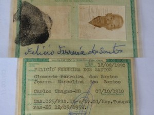 Identidade de seu Felício, com data de nascimento de 1910 (Foto: Jonatas Boni/G1)