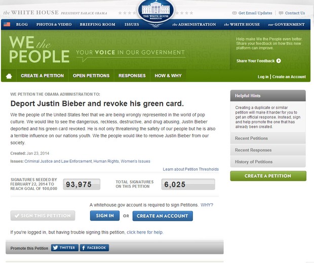Petição para deportar Justin Bieber (Foto: Reprodução/Site Oficial Casa Branca)