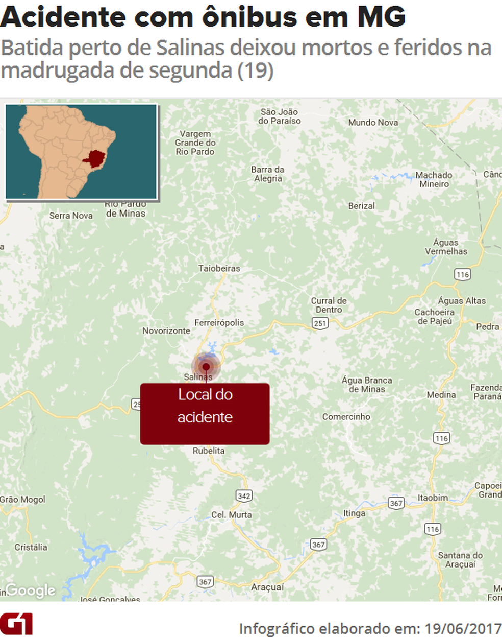 Mapa - acidente em Salinas (MG) (Foto: Arte/G1)