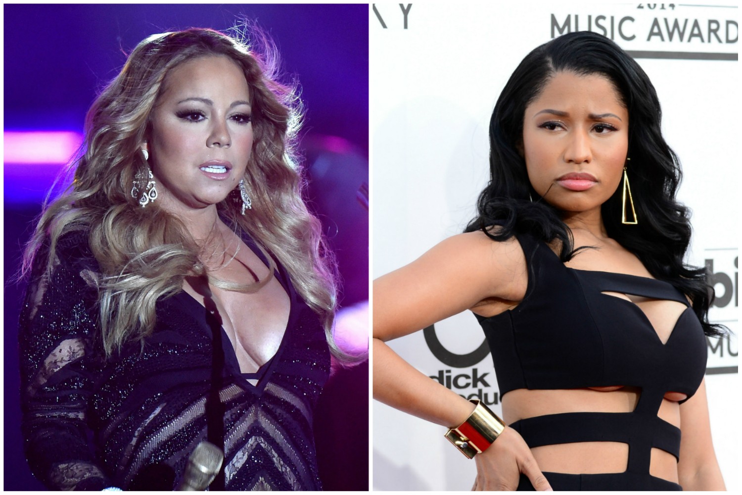 Nicki Minaj (à dir.) e Mariah Carey foram juradas do "American Idol' no início de 2012. Não deu certo. As diferenças entre ambas transbordaram dos bastidores para as audiências televisionadas. (Foto: Getty Images)