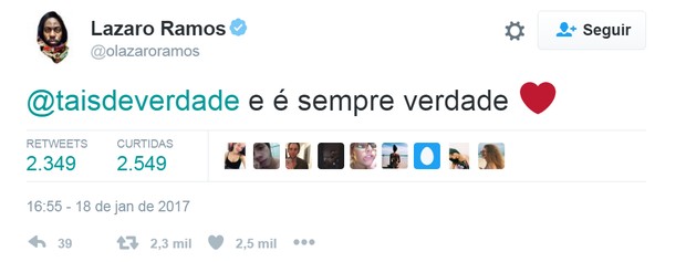 Diálogo de Taís Araújo e Lázaro Ramos faz sucesso n Twitter (Foto: Reprodução/Twitter)