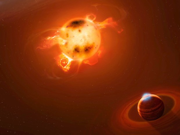 Visão artística de um planeta gigante recém-nascido, como o novo planeta descoberto na vizinhança da estrela jovem muito ativa V830 Tau, visto por um observador localizado próximo ao planeta gigante (Foto: Mark A. Garlick/markgarlick.com)
