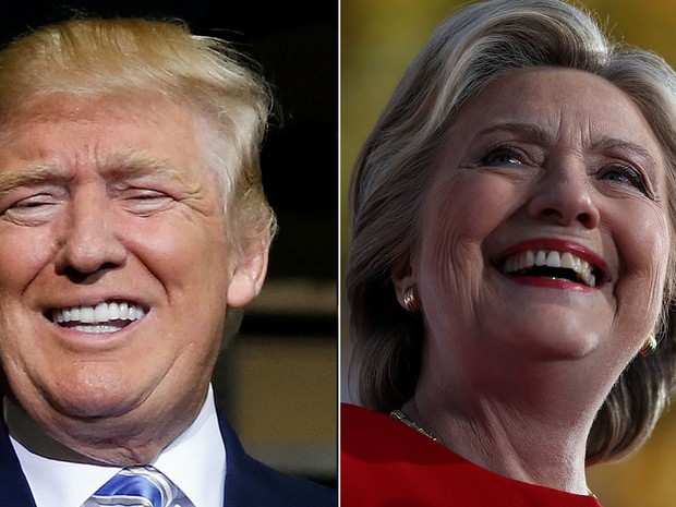 Donald Trump em Saratosa, na Flórida, e Hillary Clinton em Pittsburgh, na Pensilvânia, sorriem durante comícios no último dia da campanha presidencial, na segunda (7) (Foto: Reuters/Carlo Allegri/ Justin Sullivan/Getty Images/AFP)