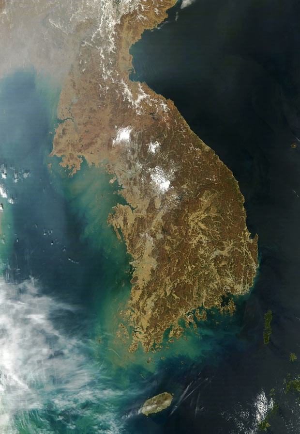  Imagem divulgada pela Nasa nesta quarta-feira (3) mostra a Península da Coreia, capturada pelo instrumento MODIS, a bordo do satélite Terra (Foto: AFP/Nasa)