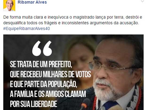 Ribamar Alves se manifesta por meio de rede social após ser solto no MA (Foto: Reprodução/Facebook)