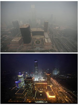 Combinação de imagens mostra vista da região do edifício Yintai Centre, em Pequim, no dia 29 de outubro, com forte poluição de manhã e de noite (Foto: Jason Lee/Reuters)