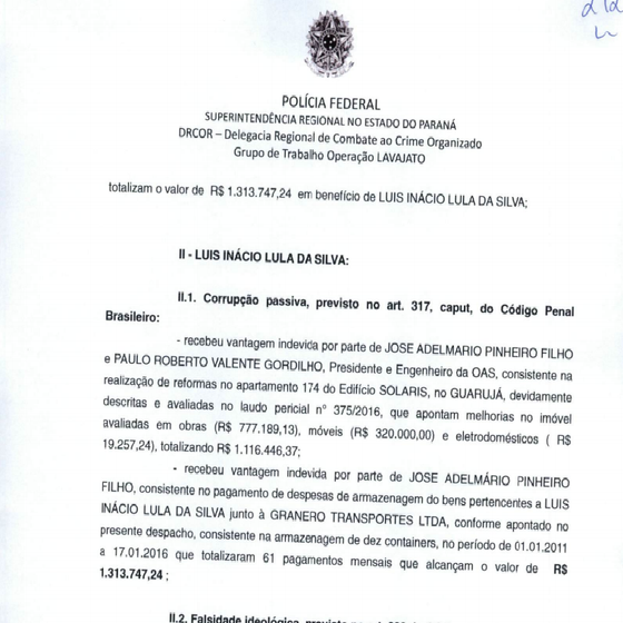 Trecho do indiciamento de Lula pela Polícia Federal (Foto: reprodução)