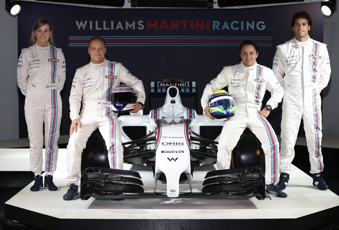 Felipe Nasr ao lado dos titulares Felipe Massa e Valtteri Bottas, e da pilota de desenvolvimento Susie Wolff (Foto: Divulgação)