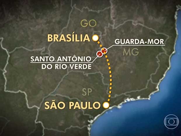 Mapa da região entre Goiás e Minas Gerais e rota que jatinho deveria seguir (Foto: Reprodução / TV Globo)