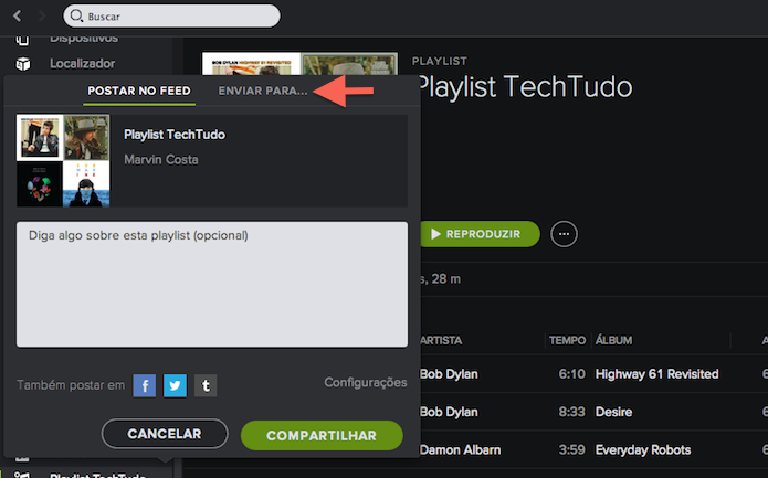 Acessando a ferramenta de compartilhamento entre usuários do Spotify (Foto: Reprodução/Marvin Costa)