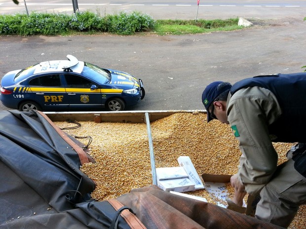 600 caixas de cigarro estavam escondidas embaixo de carga de milho em carreta abordada em Lajeado (Foto: Divulgao/PRF)