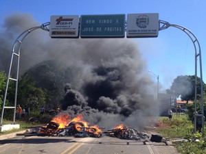 Manifestantes ateam fogo em pneus e bloqueiam acesso ao município de José de Freitas (Foto: Gil Oliveira/ G1 Piauí)