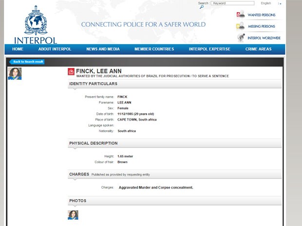 Lee Ann Finck é procurada pela morte do filho, Ezra (Foto: Reprodução/Interpol)