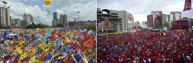 Fotos mostram caminhadas de eleitores de Capriles e Chávez, em Caracas (Foto: Leo Ramirez e Juan Barreto / AFP)