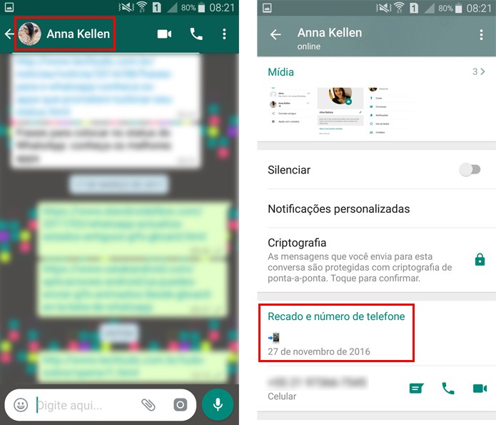 O recado também aparece na conversa com seu contato do WhatsApp  (Foto: Reprodução/Aline Batista)