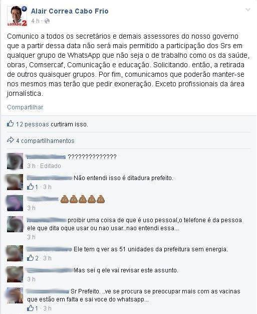 Alair Corrêa postou no Facebook a proibição para secretários e assessores (Foto: Reprodução / Internet)