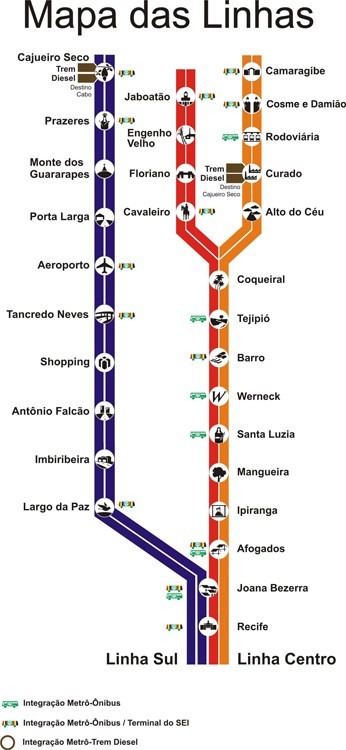 Mapa da linha do metrô no Grande Recife. (Foto: Divulgação / CBTU - Metrorec)