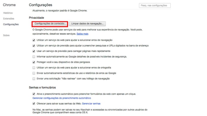 Configurações de conteúdo do Google Chrome (Foto: Reprodução/Camila Peres) Configurações de conteúdo do Google Chrome (Foto: Reprodução/Camila Peres)