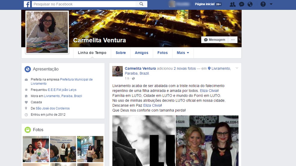 Prefeita de Livramento decretou luto de três dias pela morte de Eliza Clívia (Foto: Reprodução/Facebook/Carmelita Ventura)