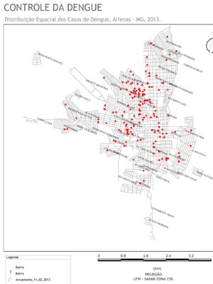 Mapa mostra casos de dengue registrados em Alfenas (Foto: Vigilância de Saúde de Alfenas)