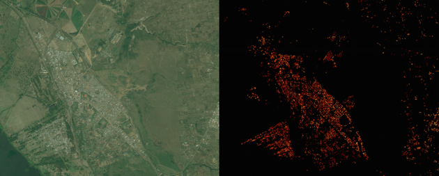 Ao lado esquerdo, mapa da região Naivasha, no Quênia. Ao lado direito, mapa de densidade produzido pelo Facebook (Foto: Divulgação)