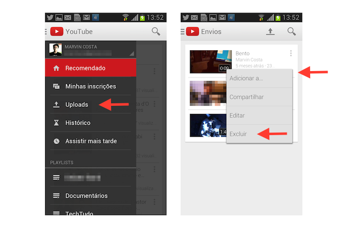 Excluindo um vídeo de uma conta no YouTube através do aplicativo para Android (Foto: Reprodução/Marvin Costa)