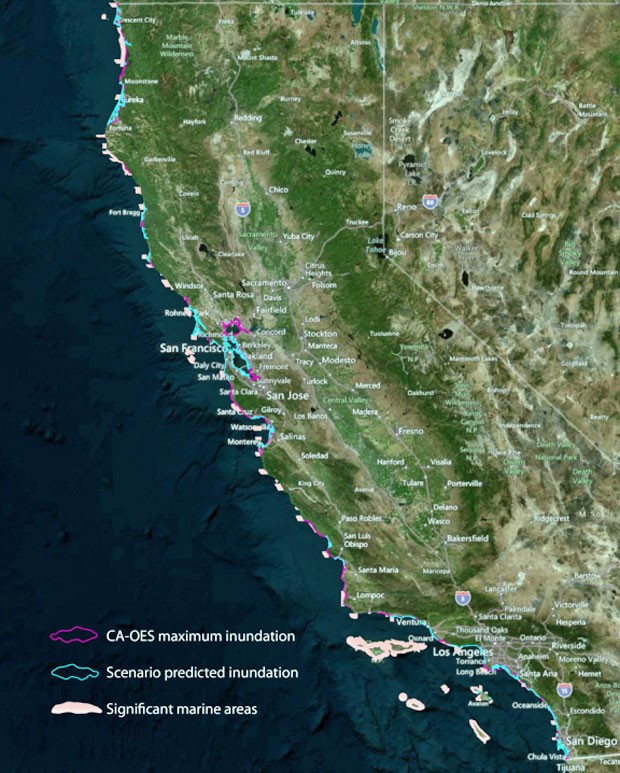 Imagem do Serviço Geológico dos EUa mostra análise de possíveis inundações que ocorreriam na costa da Califórnia caso ocorresse um terremoto no Alasca (Foto: Divulgação/USGS)