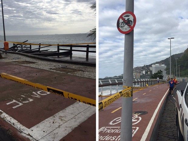 Deque do Mirante do Leblon foi danificado e local foi bloqueado; já a ciclovia foi interditada também na altura do Mirante (Foto: Ricardo Abreu / GloboNews)