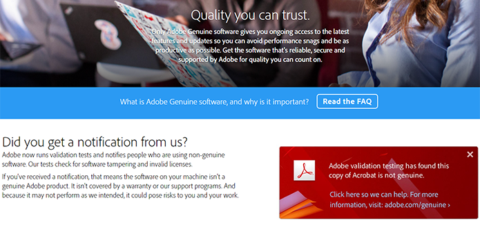 Aviso, exibido de forma intermitente em fundo vermelho, está associado ao uso de cópias ilegítimas de produtos da Adobe (Foto: Reprodução/Adobe)