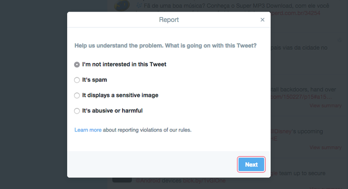 Twitter cria pequeno formulário para reportar abusos no microblog (Foto: Reprodução/Twitter)