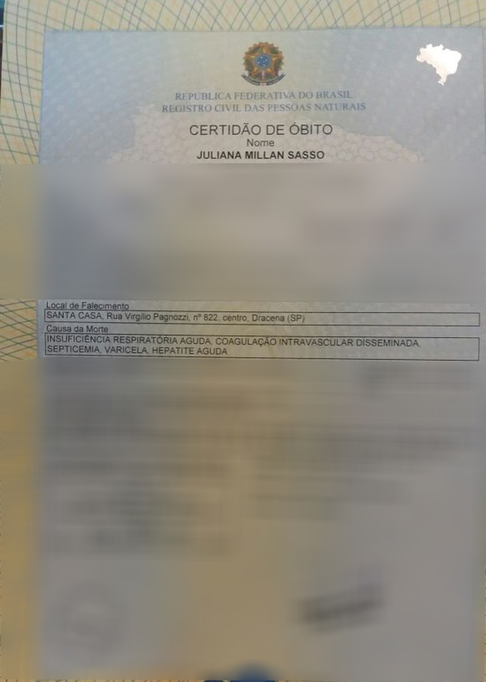 Certidão de Óbito aponta varicela, ou catapora, como uma das causas da morte da advogada (Foto: Reprodução)
