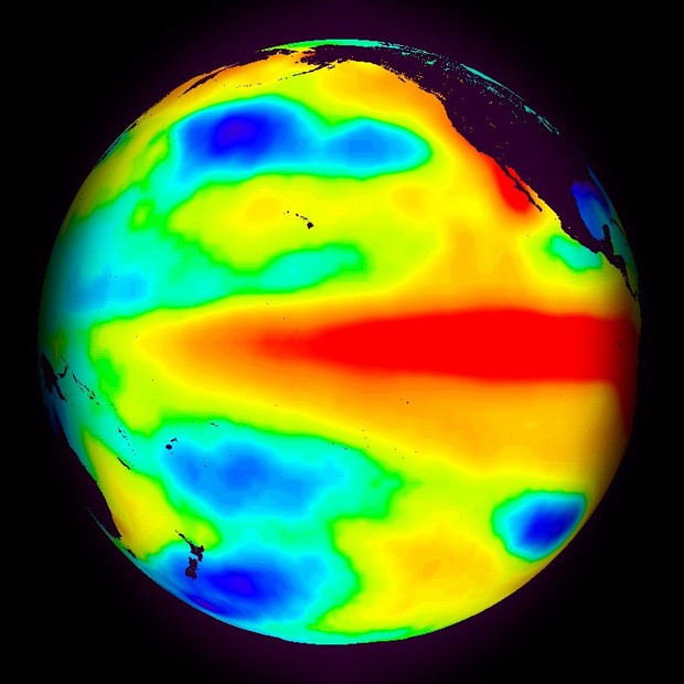 Imagem de satélite mostra a região do Pacífico com temperaturas mais altas no auge do El Niño de 1998 (Foto: NOAA)